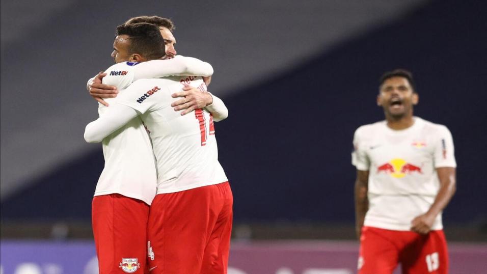 Bragantino players celebrate a goal